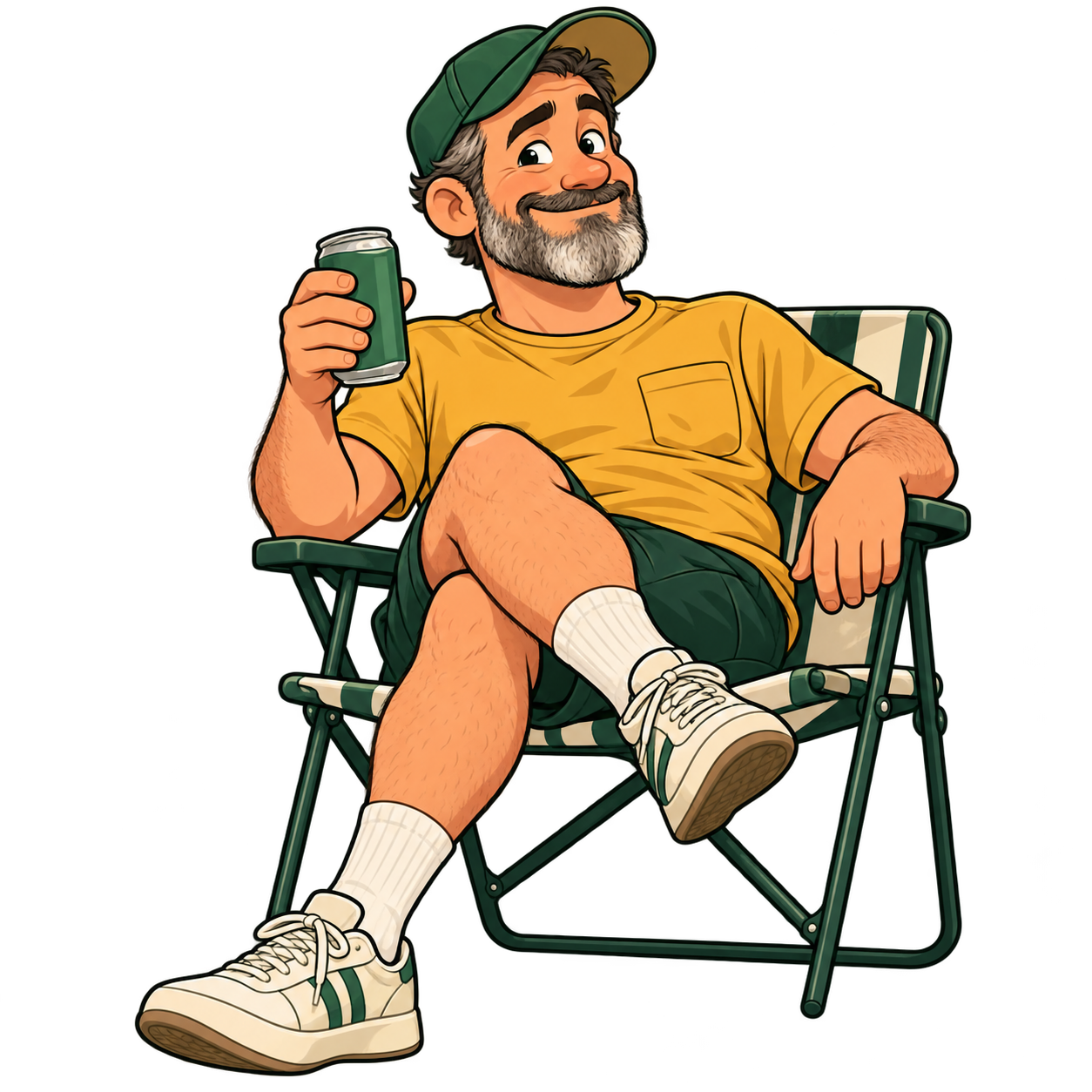 A smiling cartoon dad in a green cap and gold shirt, relaxing in a striped lawn chair with his ankles crossed and a beer in hand.