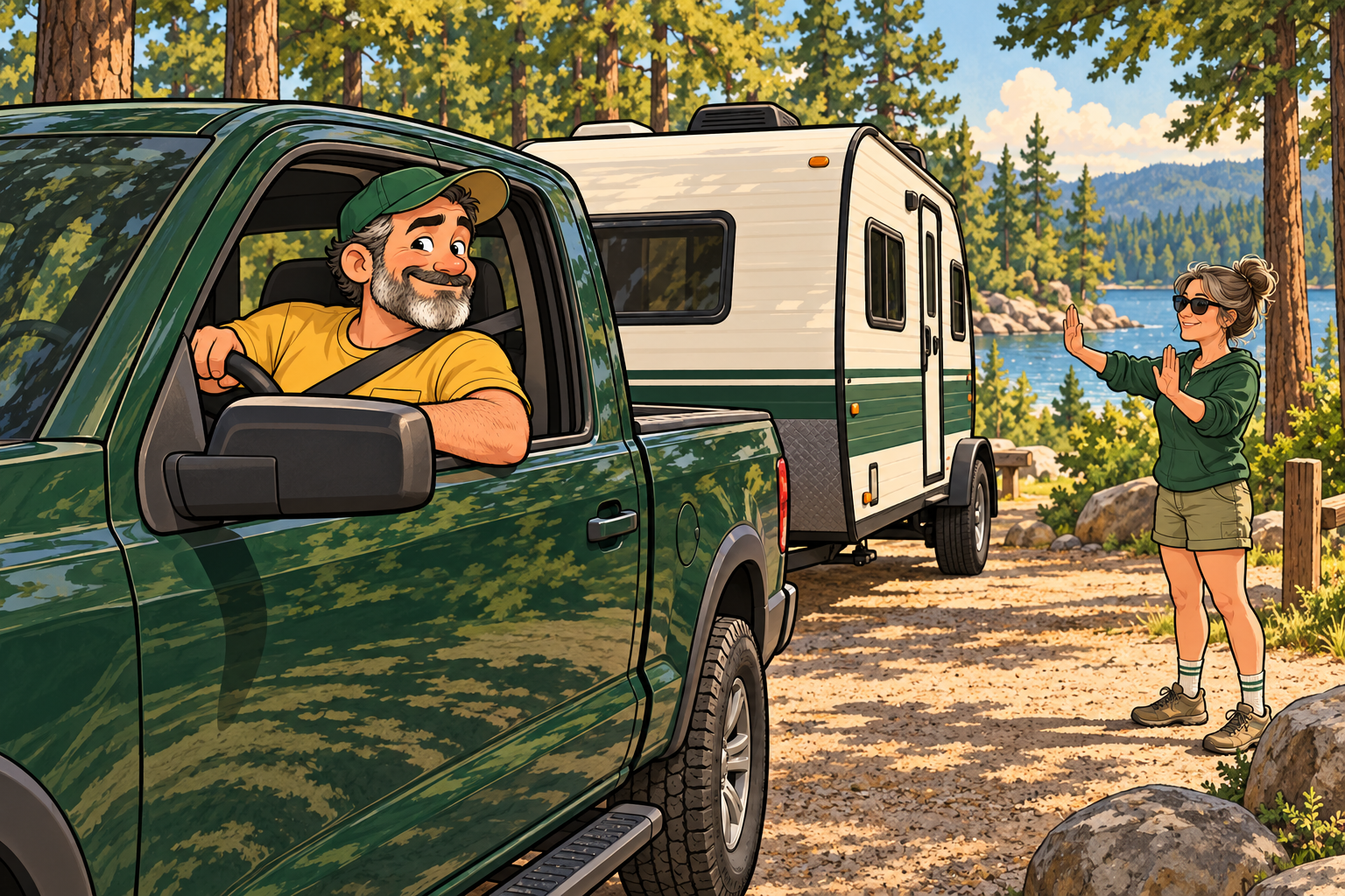 Dad looks back from his pickup as his wife guides the travel trailer into a wooded campsite.