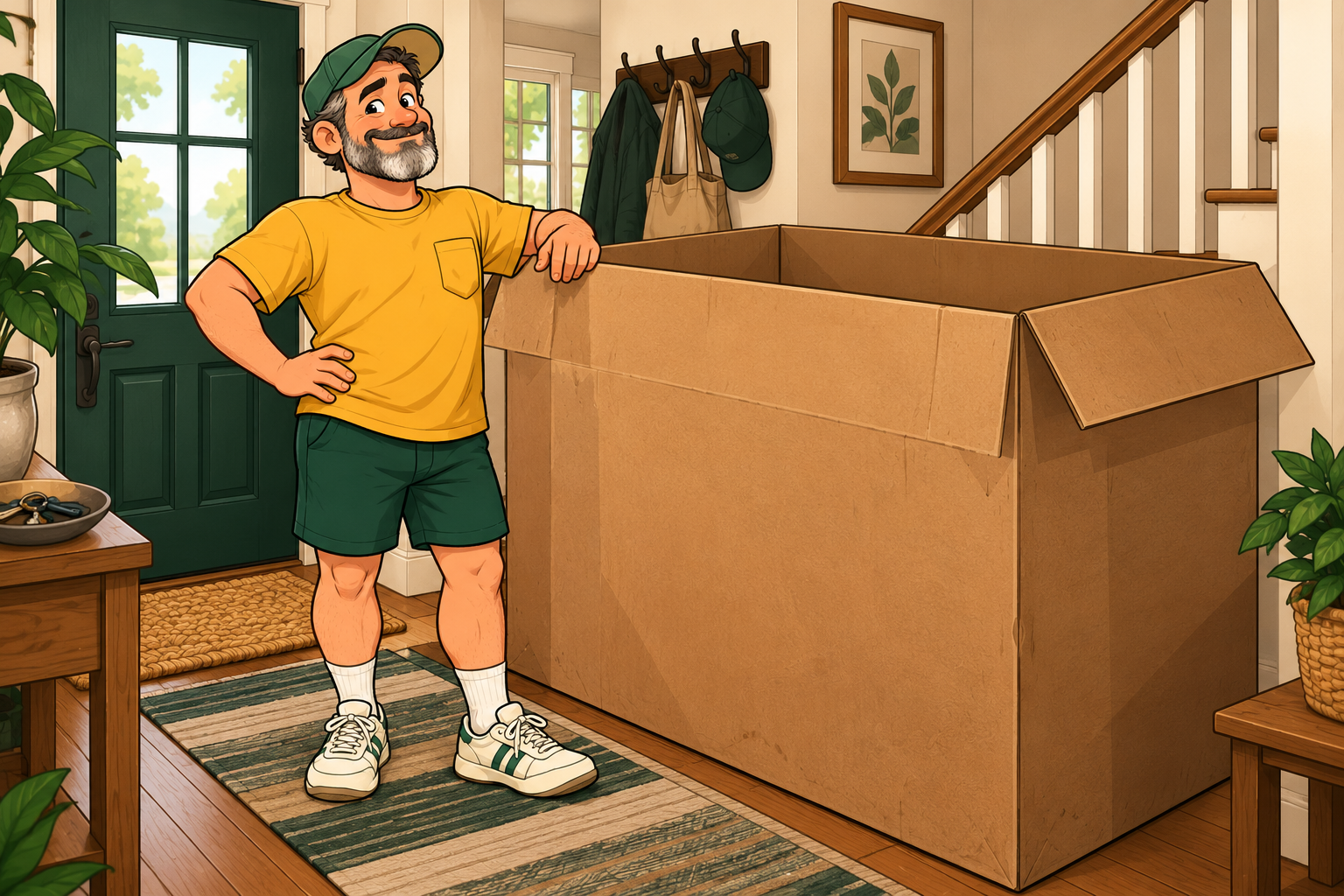Dad proudly stands beside an enormous empty cardboard box crowding the entryway.