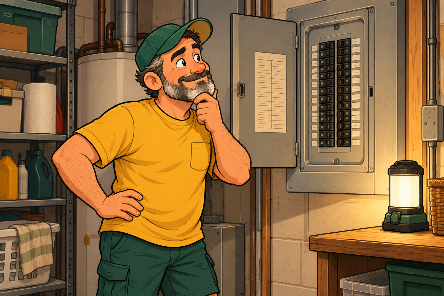 Dad studies the switches and labels on a household breaker panel, with a portable lamp nearby.
