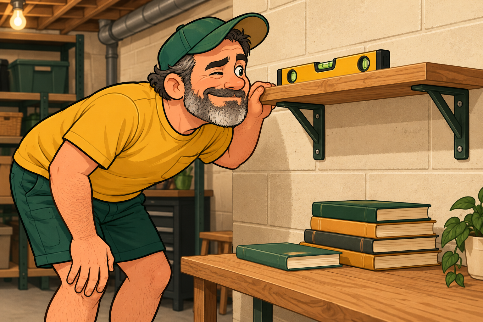 Dad bends to inspect a spirit level on a wall shelf, with books waiting on the table below.