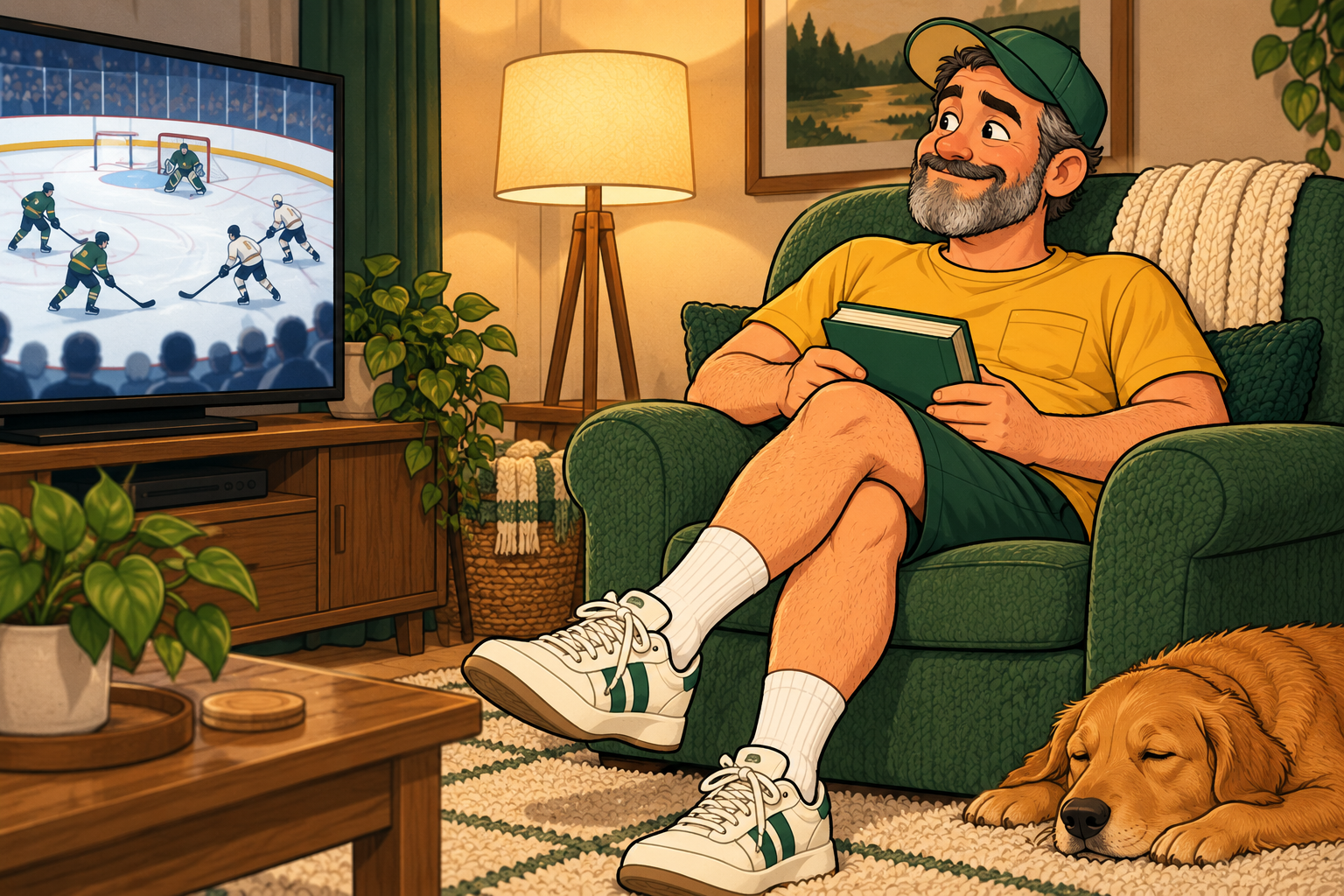 Dad holds a closed book in his armchair while watching hockey on the television.