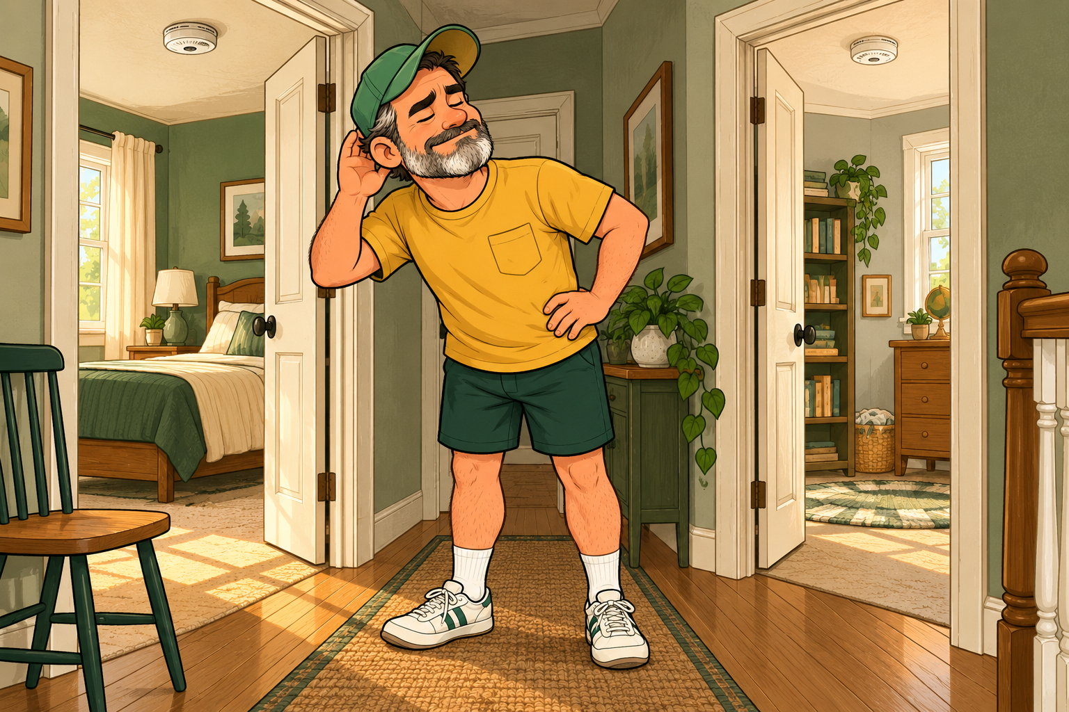Dad stands in the hallway with his eyes closed and a hand cupped behind his ear, listening for a chirping smoke detector.
