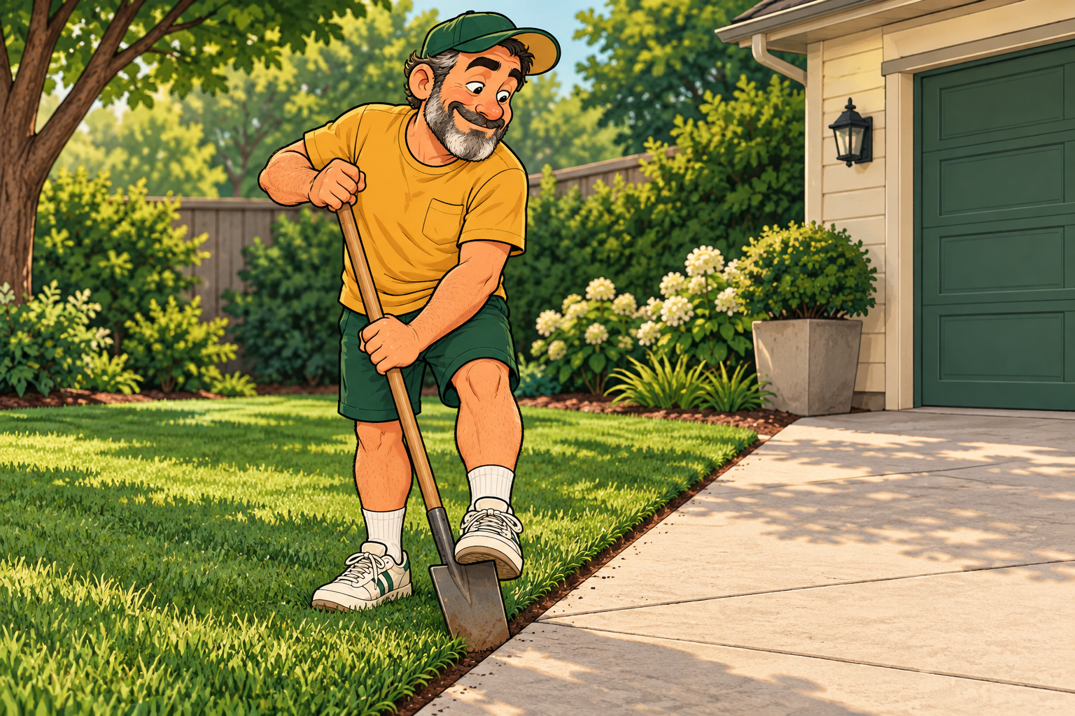 Dad presses an edging spade into the grass to make a straight boundary beside the driveway.