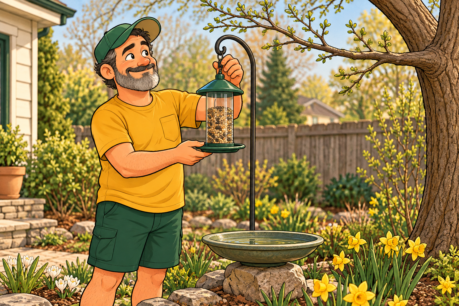 Dad adjusts a hanging bird feeder and watches an empty branch above the birdbath.