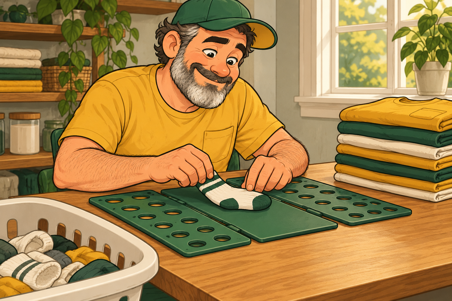 Dad carefully folds a small sock on a shirt-folding board beside a stack of folded T-shirts.