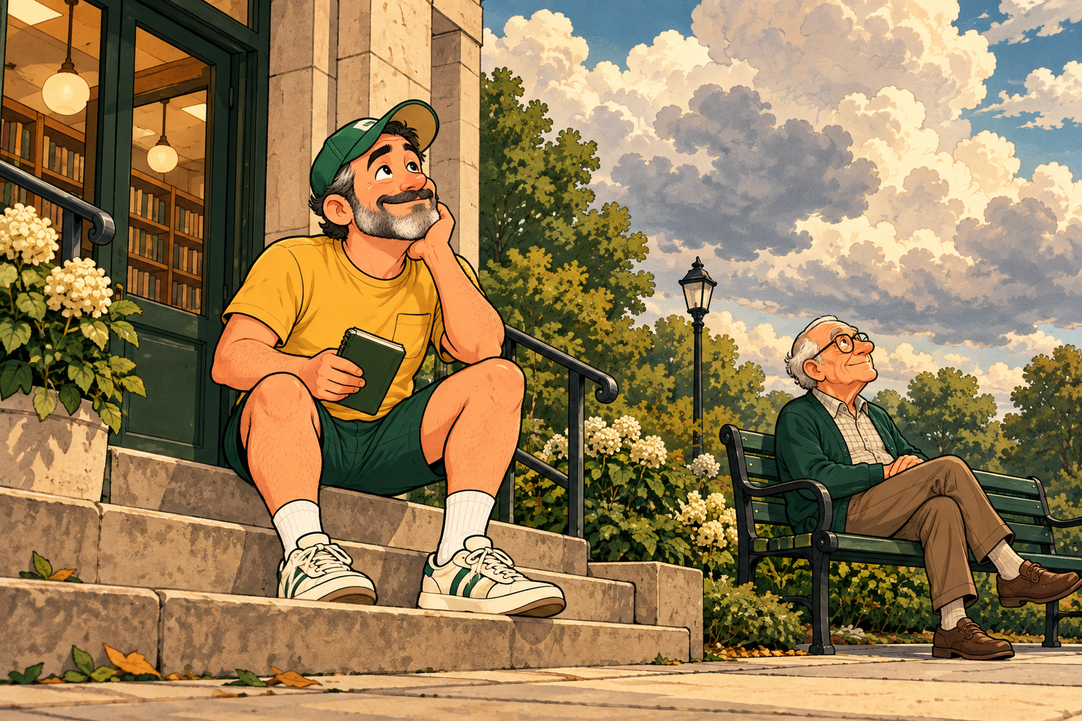 Dad and an older man outside the library look thoughtfully up at the cloudy sky.