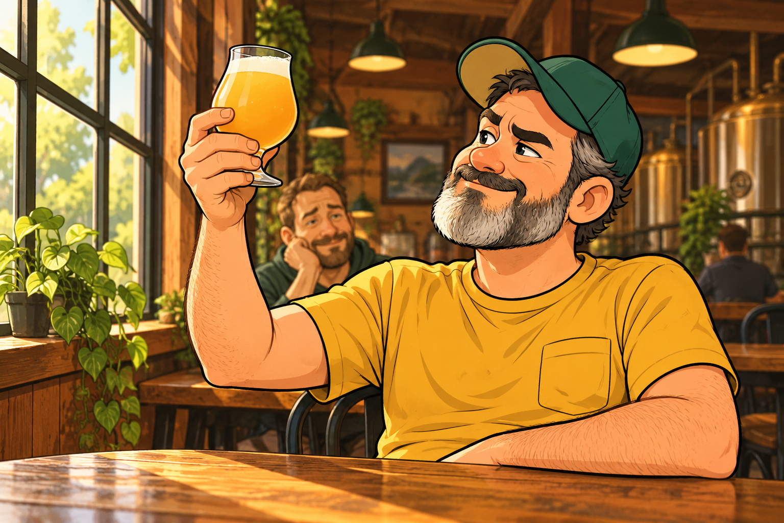Dad holds a hazy IPA toward the brewery window and studies it while his friend watches.