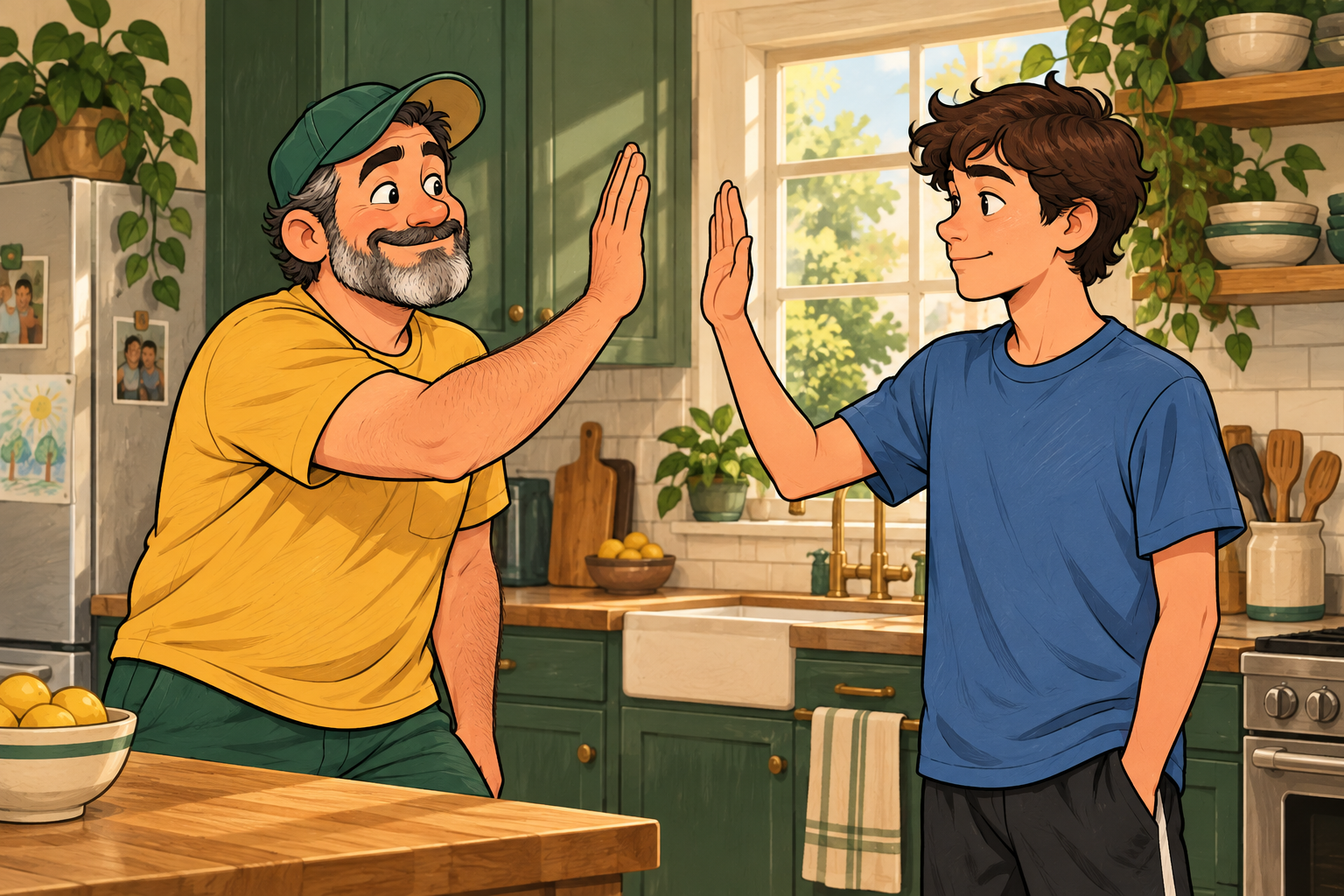 Dad carefully lines up a high five with a teenager's patiently raised hand in the kitchen.