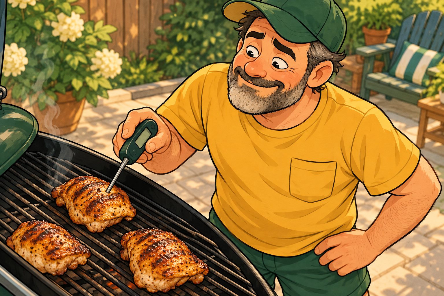 Dad checks a chicken thigh with a digital meat thermometer, viewed from above the grill.