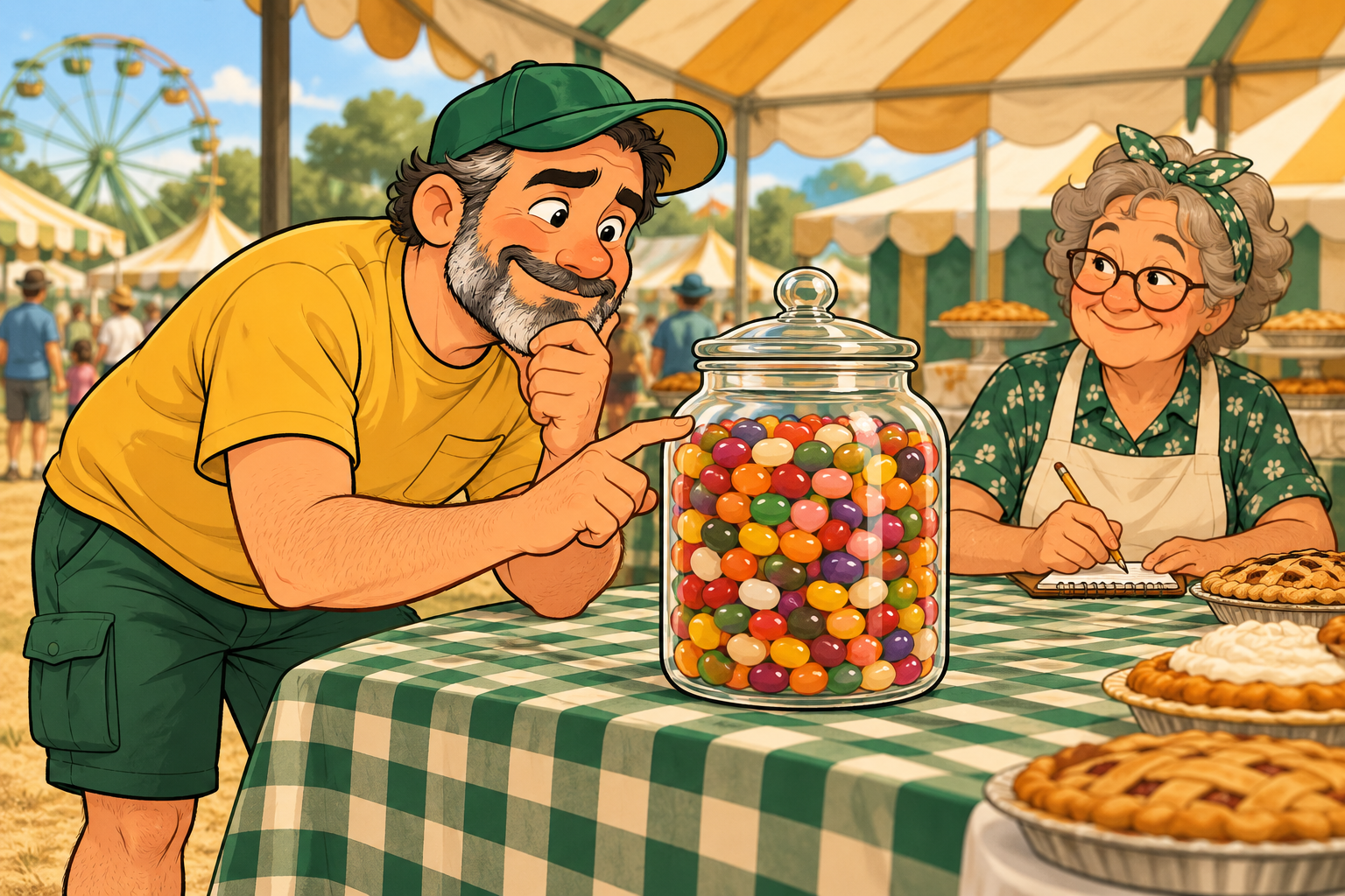 Dad studies a jar of jelly beans at the fair while a woman waits to record his guess.