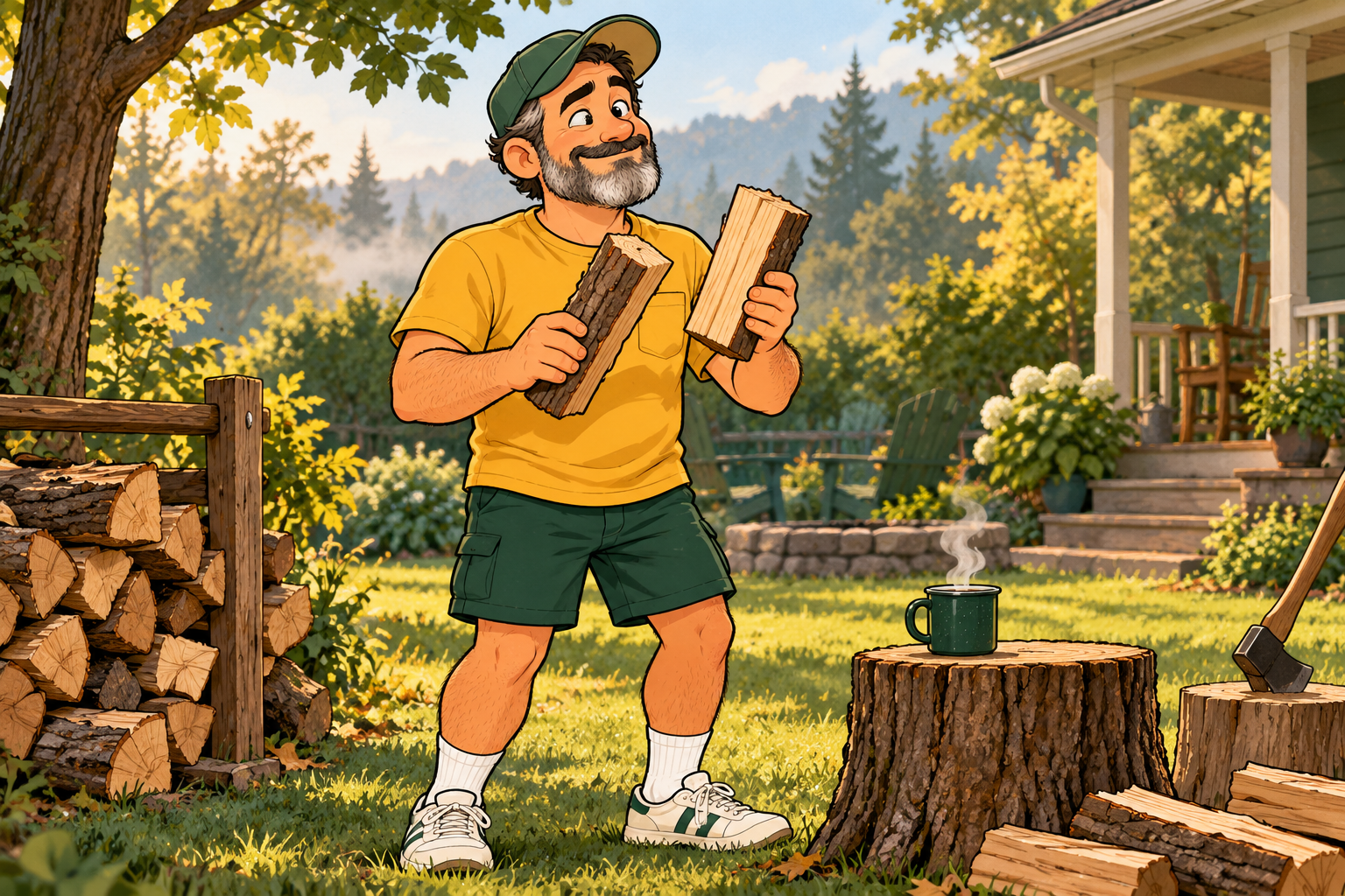 Dad holds two pieces of firewood ready to knock together, with a coffee mug waiting on a nearby stump.