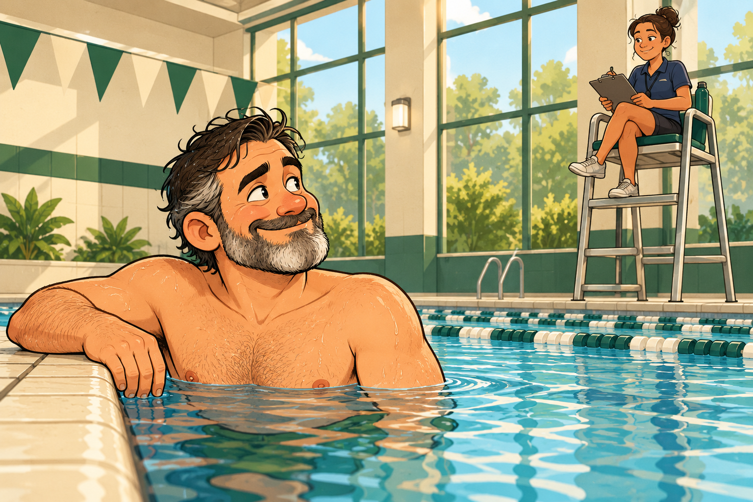 Dad rests at the end of a swimming lane and looks toward the lifeguard’s chair.