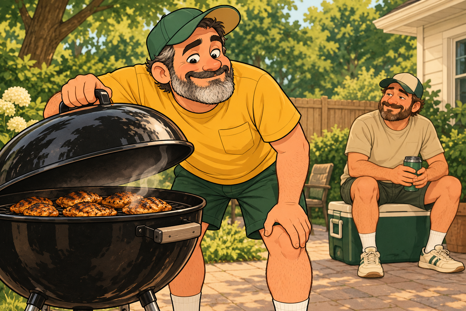 Dad lifts the lid of his charcoal grill to inspect the chicken while his friend waits on a cooler.