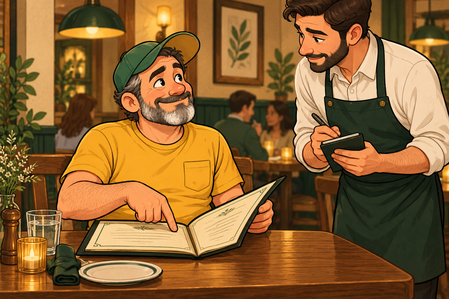 Dad points to an item on a restaurant menu while the waiter holds an order pad.
