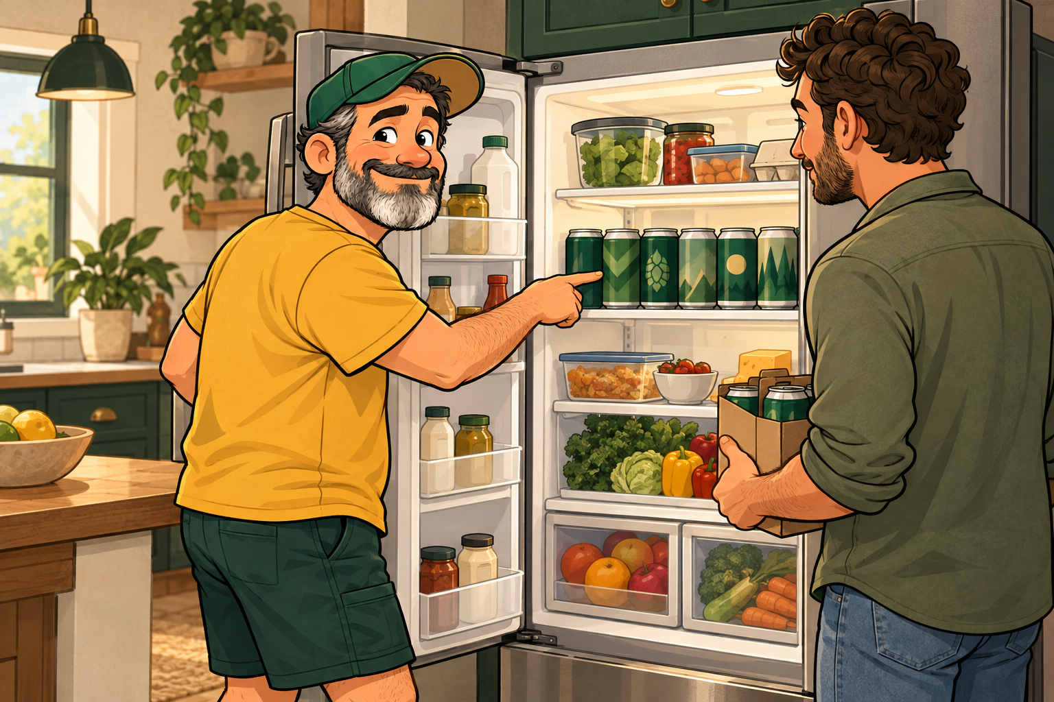 Dad points out the middle shelf of IPA cans to a guest holding a beer carrier.