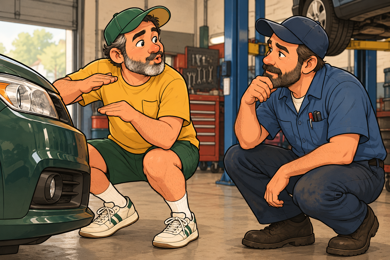 Dad imitates a car noise with his mouth and hands while a mechanic listens beside the front bumper.