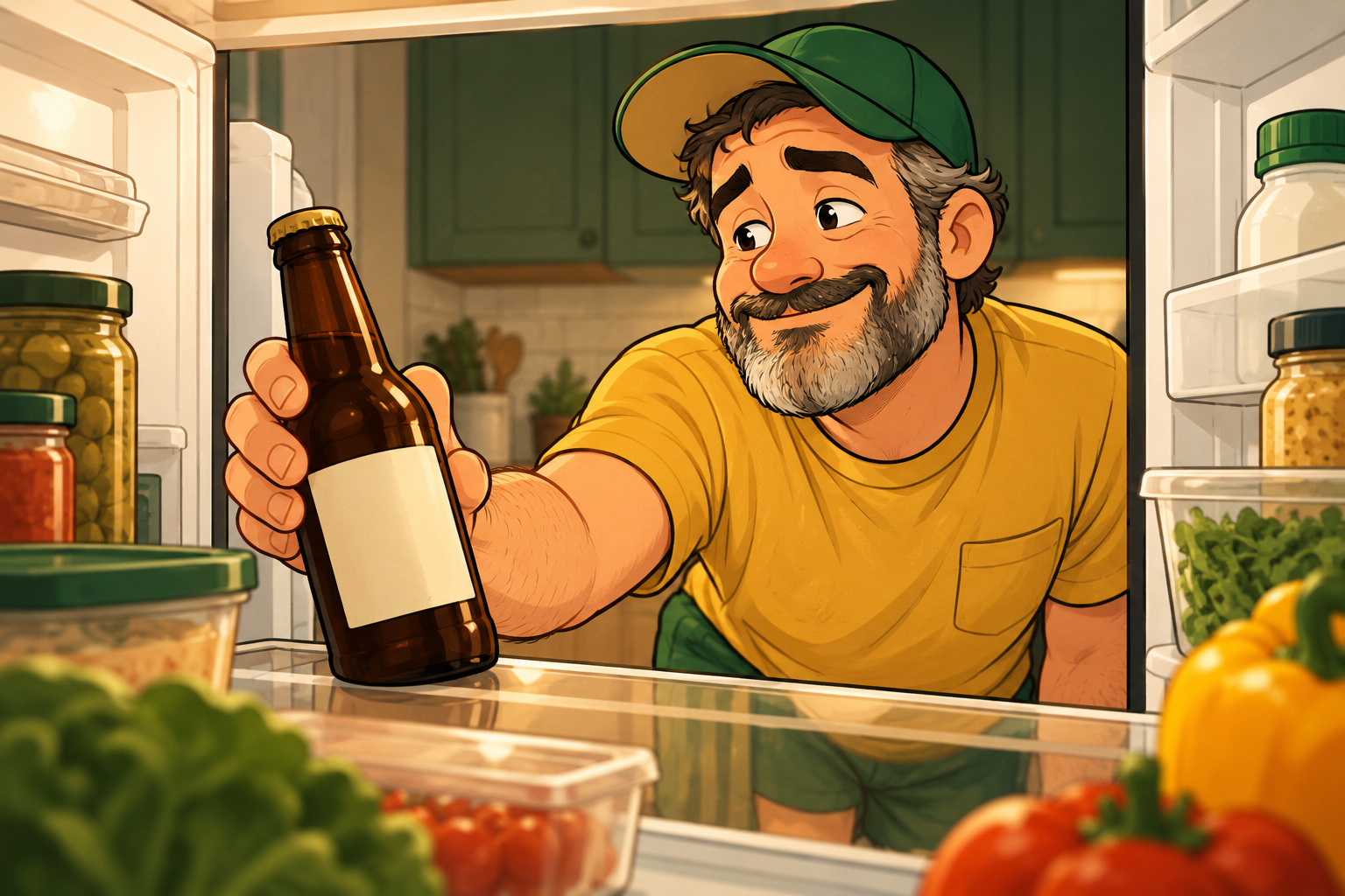 Dad carefully places a single craft beer bottle at the front of a refrigerator shelf.