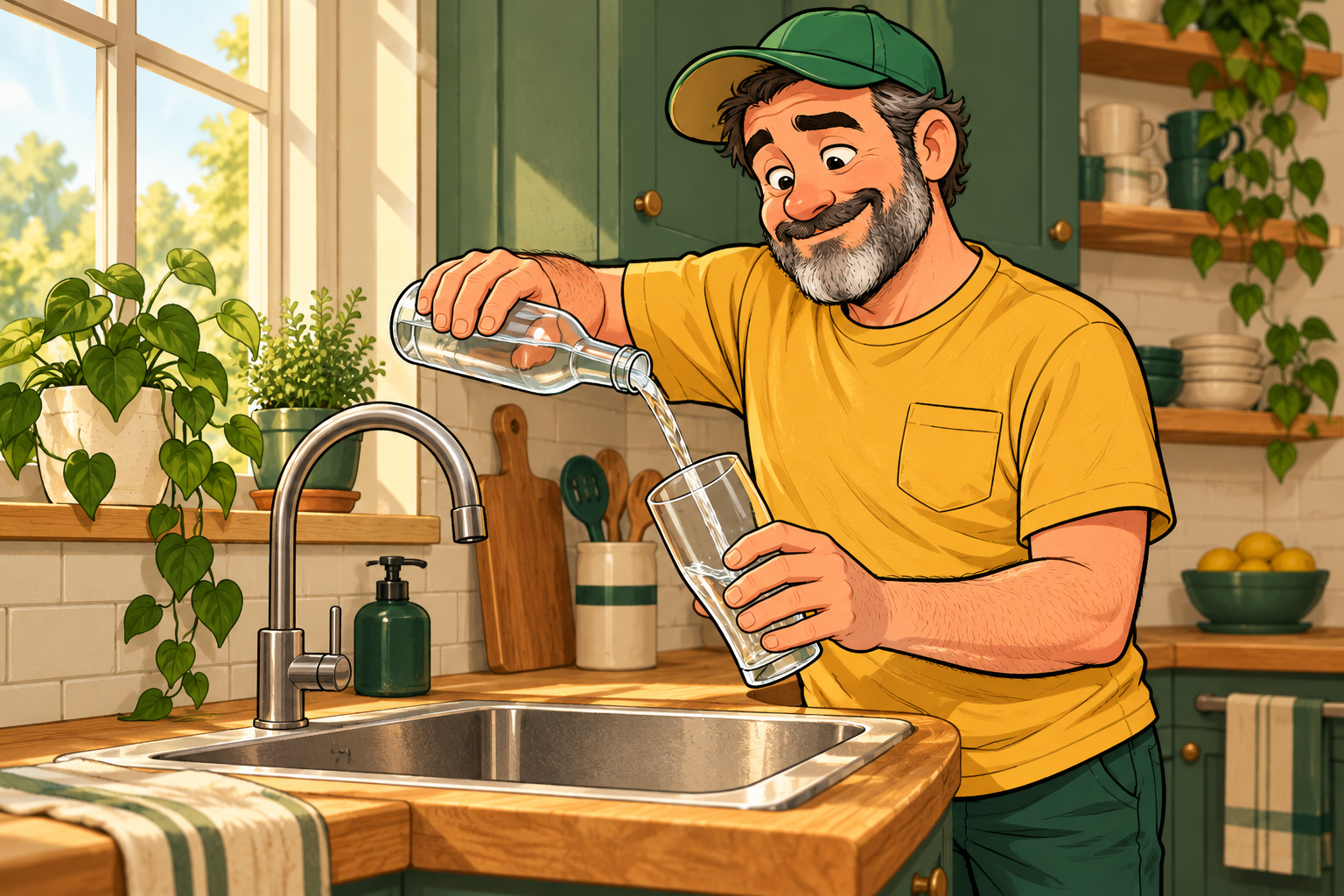 Dad carefully pours clear water from a bottle into a tilted beer glass over the kitchen sink.