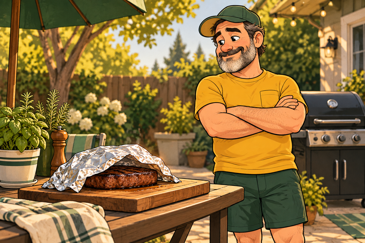 Dad waits with folded arms beside a steak resting under a loose foil tent on a cutting board.