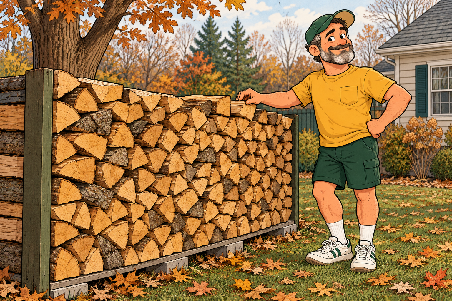 Dad admires a carefully aligned stack of split firewood beside the house in autumn.