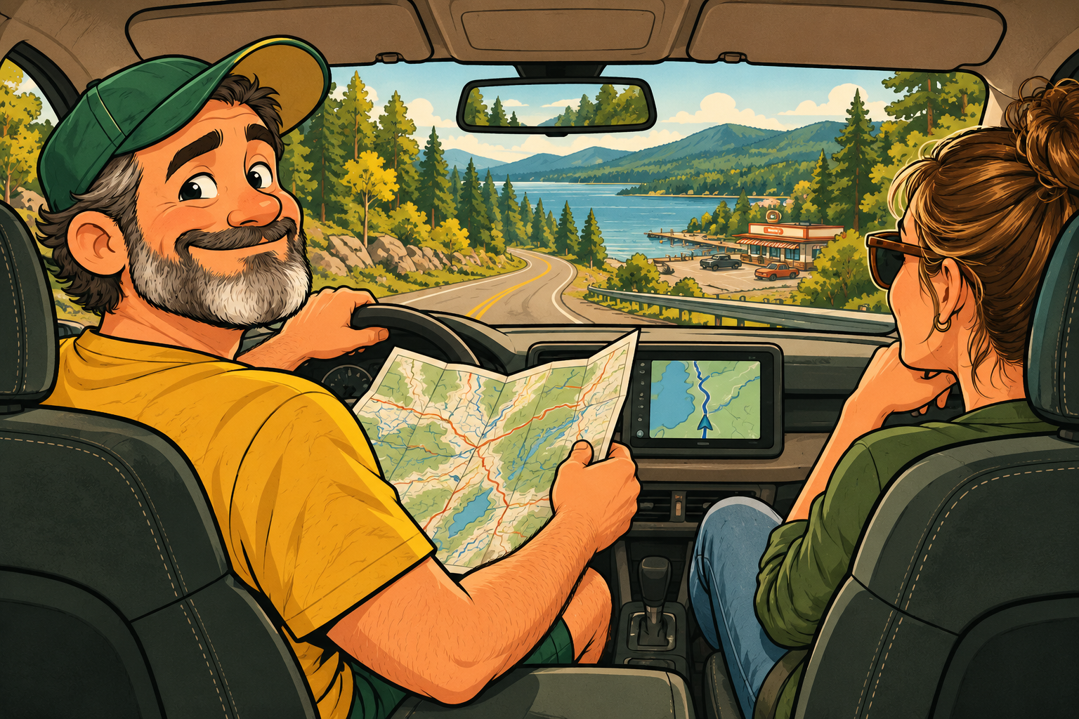 Dad holds a paper road map in the car beside his wife, with a navigation screen and a lakeside road ahead.