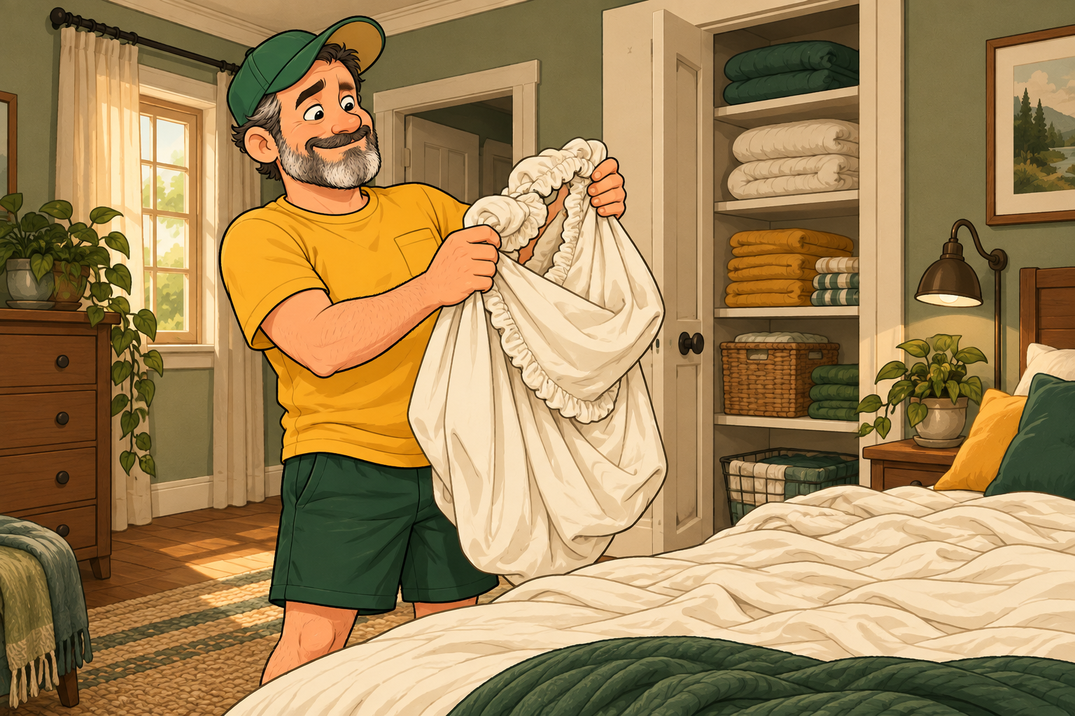 Dad holds a gathered fitted sheet beside the bed, studying its elastic corners.