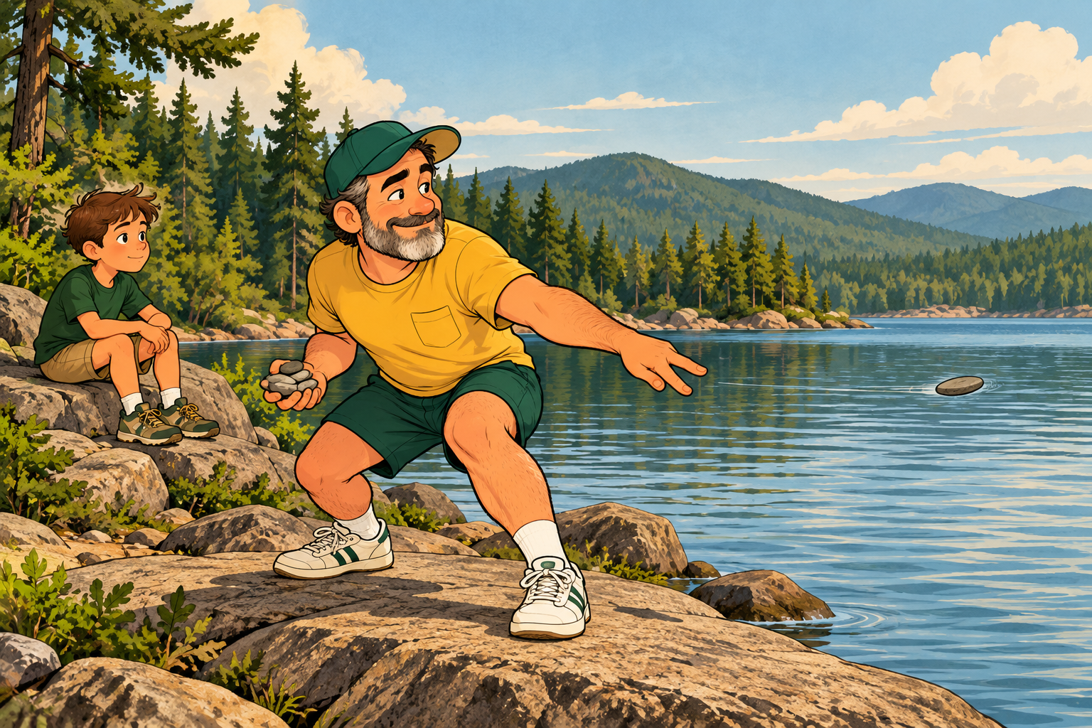 Dad throws a flat stone across a lake while a boy watches from a nearby rock.