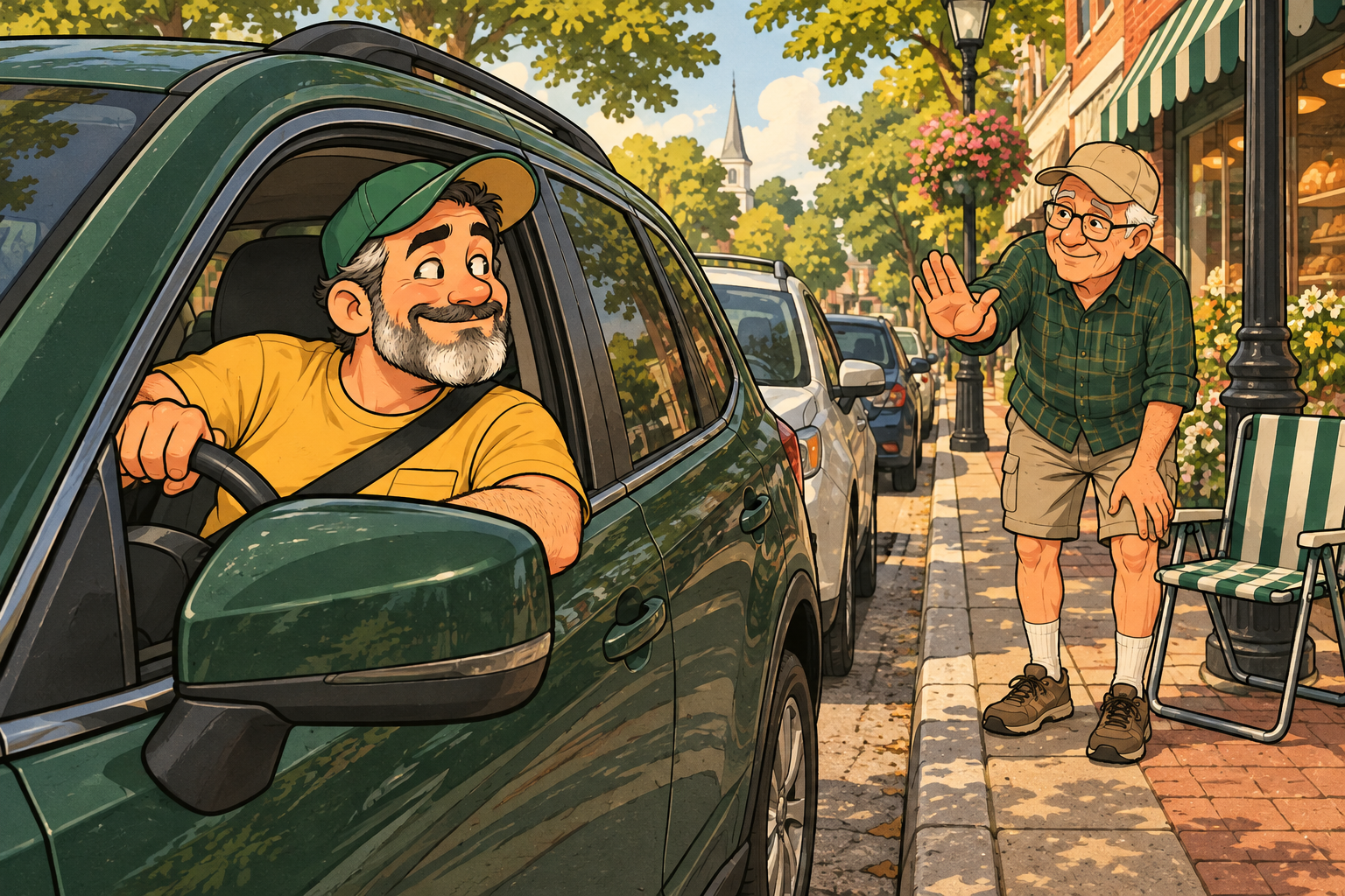 Dad looks out of his car window toward an older man raising his hand to guide him into a parking space.