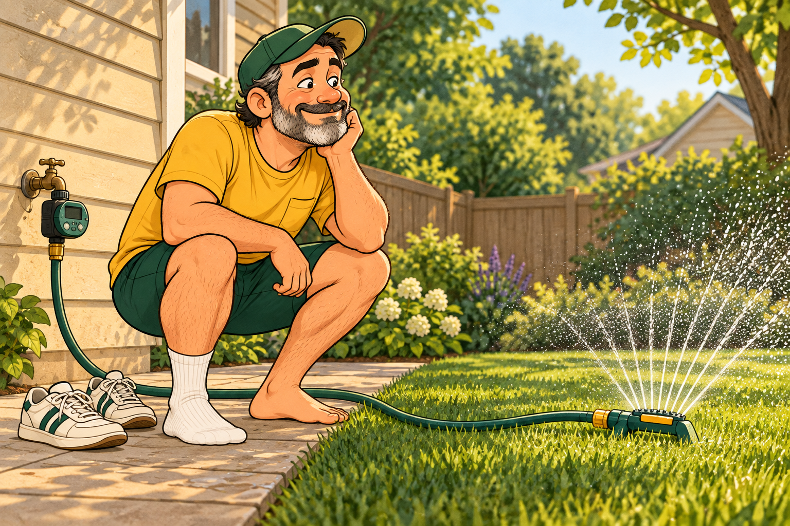 Dad crouches in one sock beside his shoes, watching a timed sprinkler water the lawn.