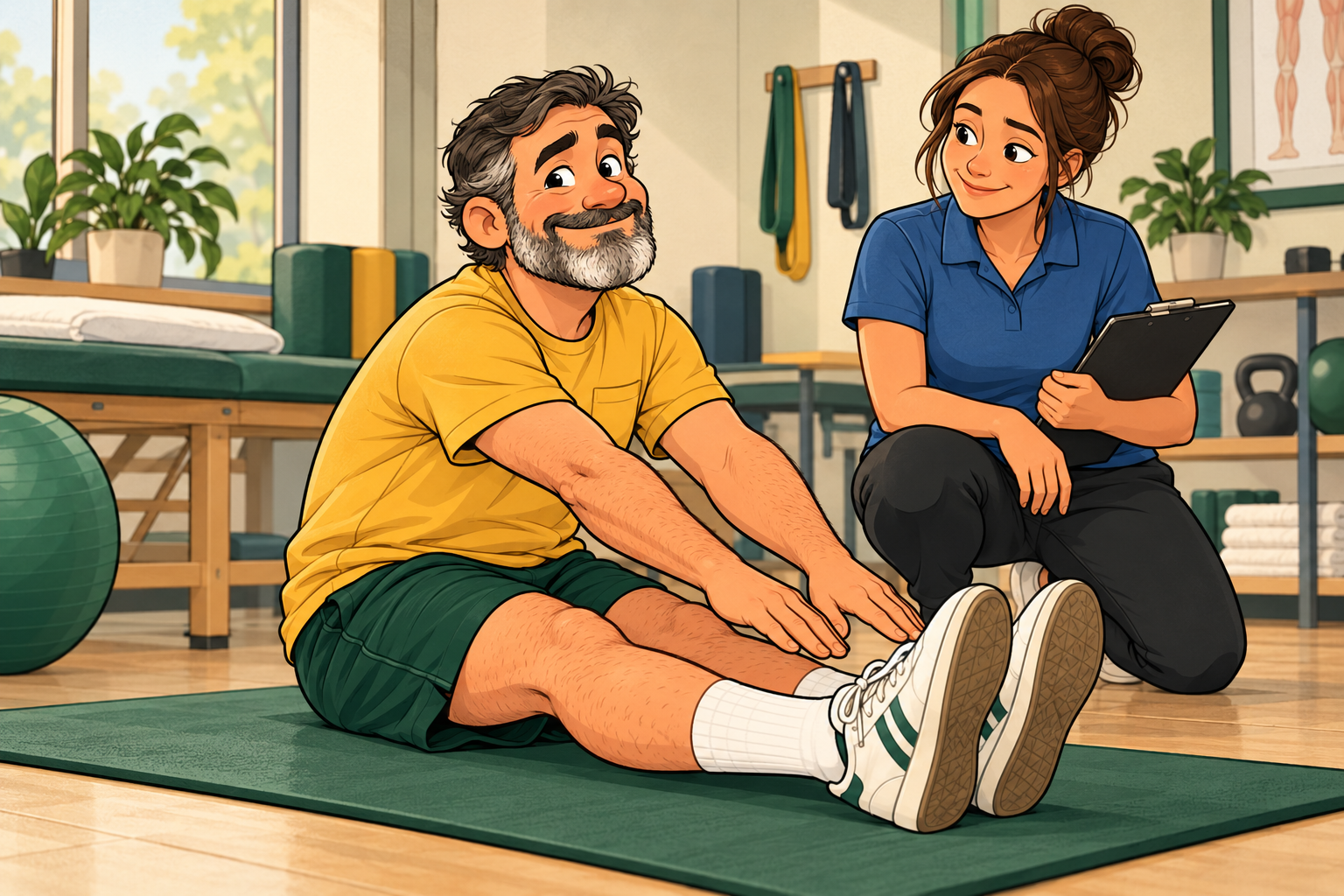 Dad reaches toward his feet from a seated stretch while a physical therapist watches with a clipboard.