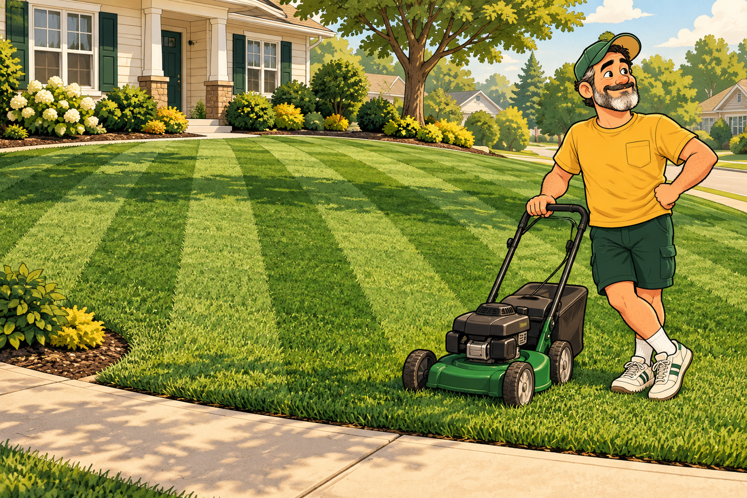 Dad stands beside his lawn mower admiring alternating light and dark stripes across his freshly mowed lawn.