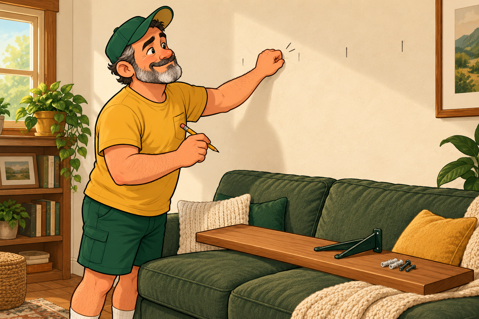 Dad knocks on the wall above a couch, pencil in hand, with a shelf and brackets waiting below.