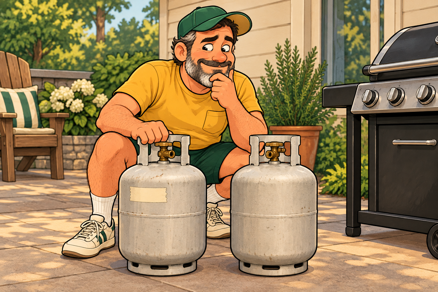 Dad crouches beside two propane tanks, thoughtfully comparing one marked with masking tape to an unmarked tank.
