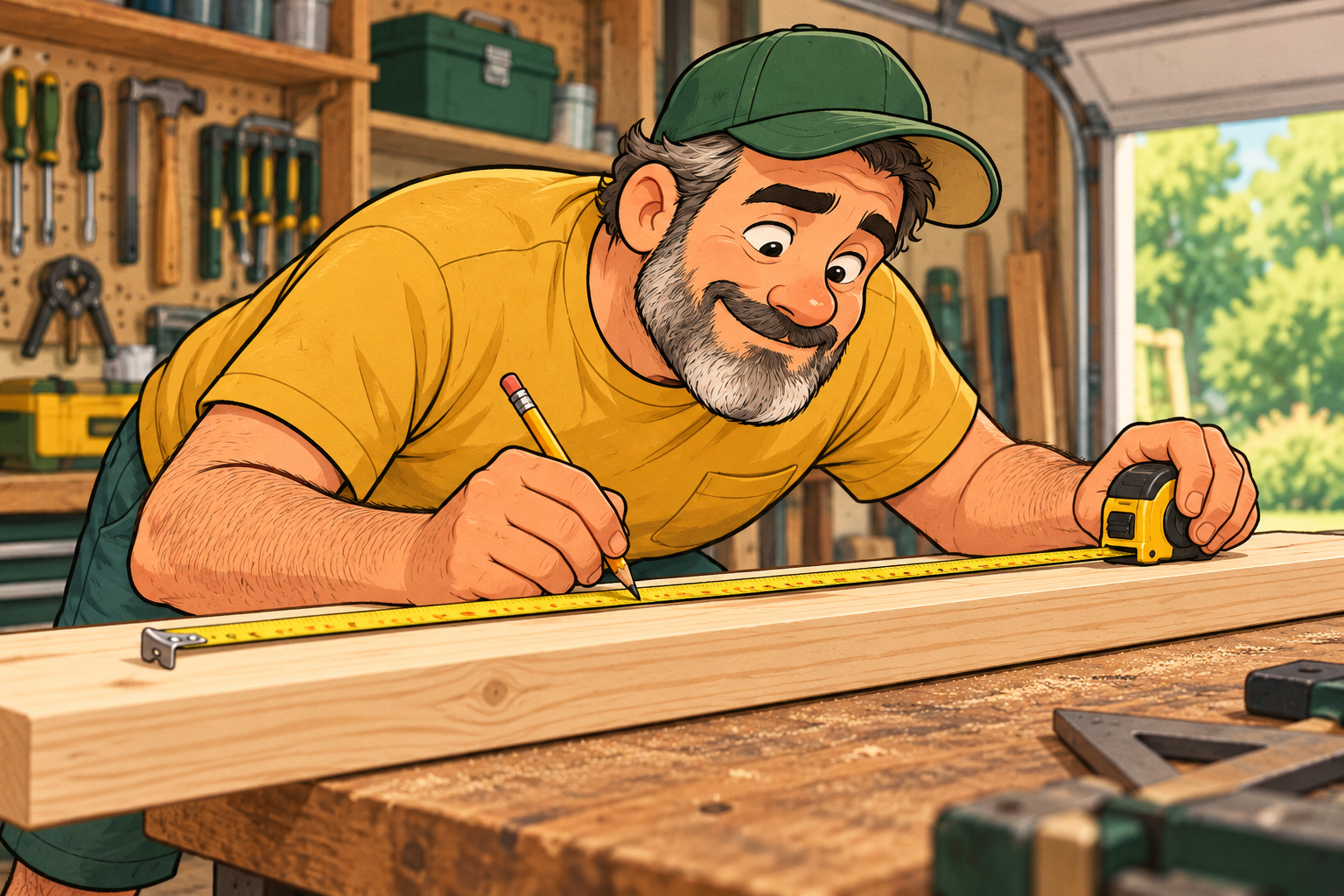 Dad leans over a board on a workbench, carefully checking a tape measure with his pencil poised.