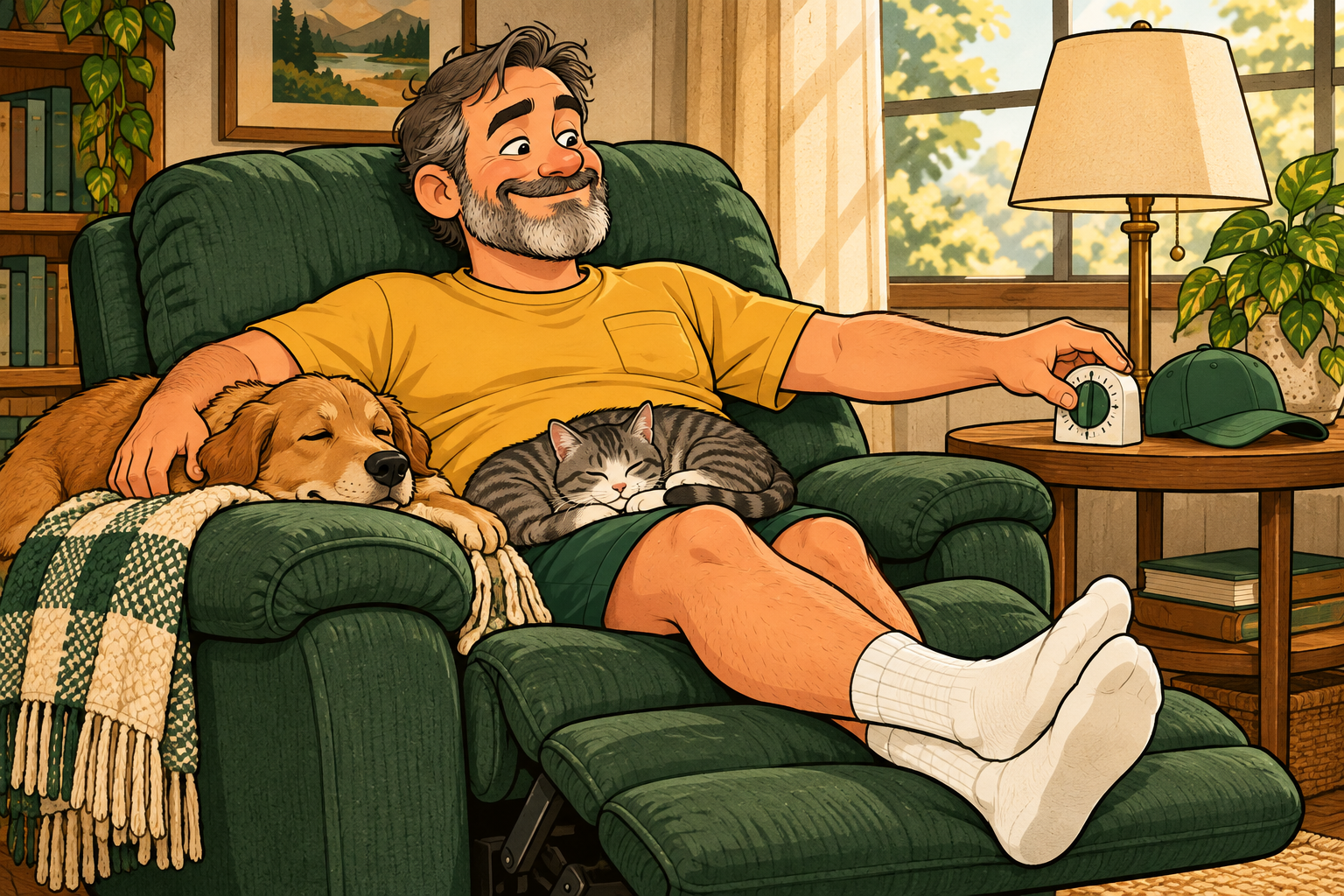 Dad reaches for a timer from his recliner, with a dog and cat asleep beside him.