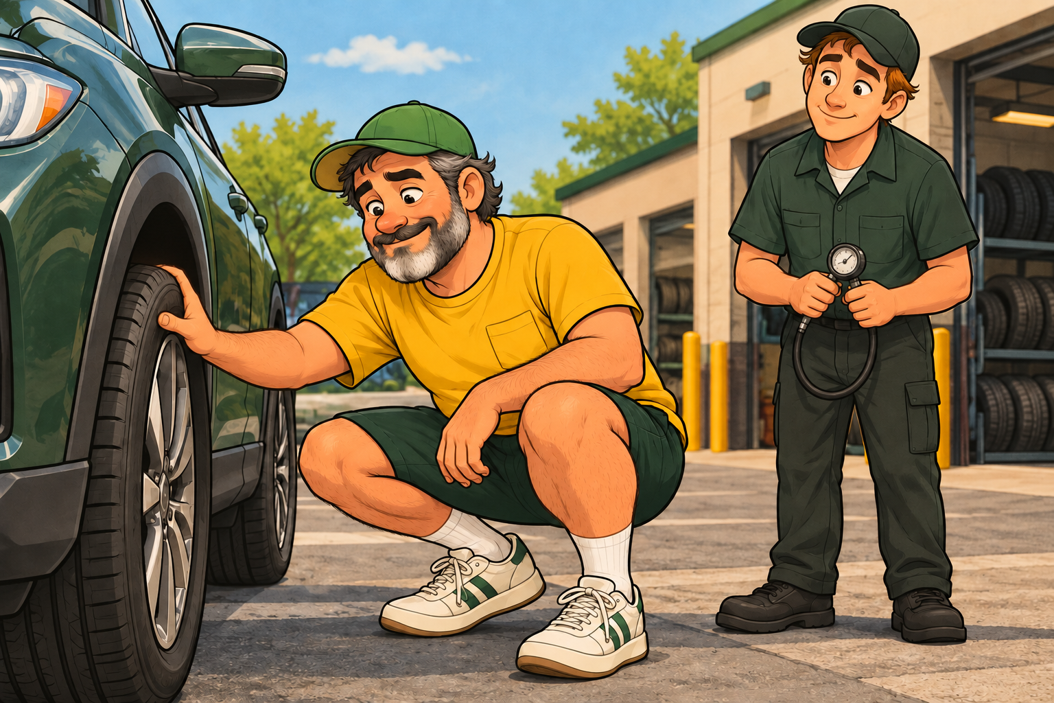 Dad crouches beside a parked car to test a tire while a young shop employee waits with a pressure gauge.