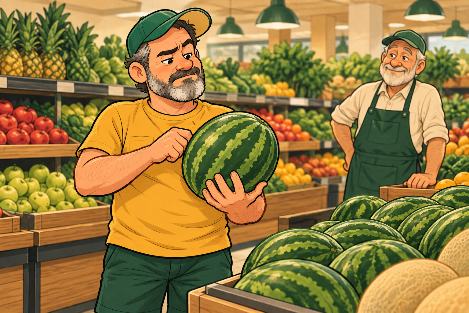 Dad taps a watermelon with his knuckles while a produce worker quietly watches.