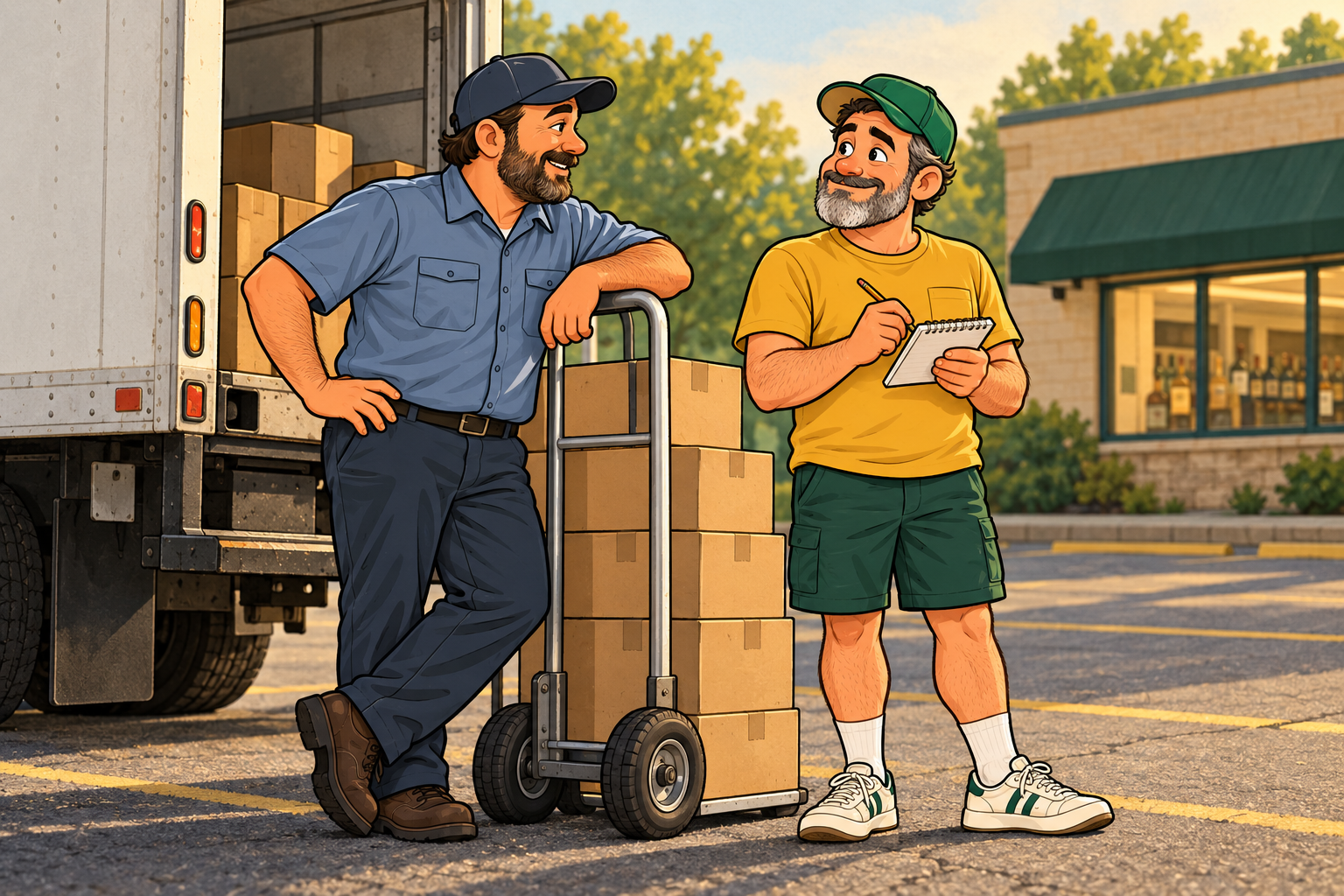 Dad takes notes while talking with a delivery driver beside a truck and stacked boxes outside a shop.