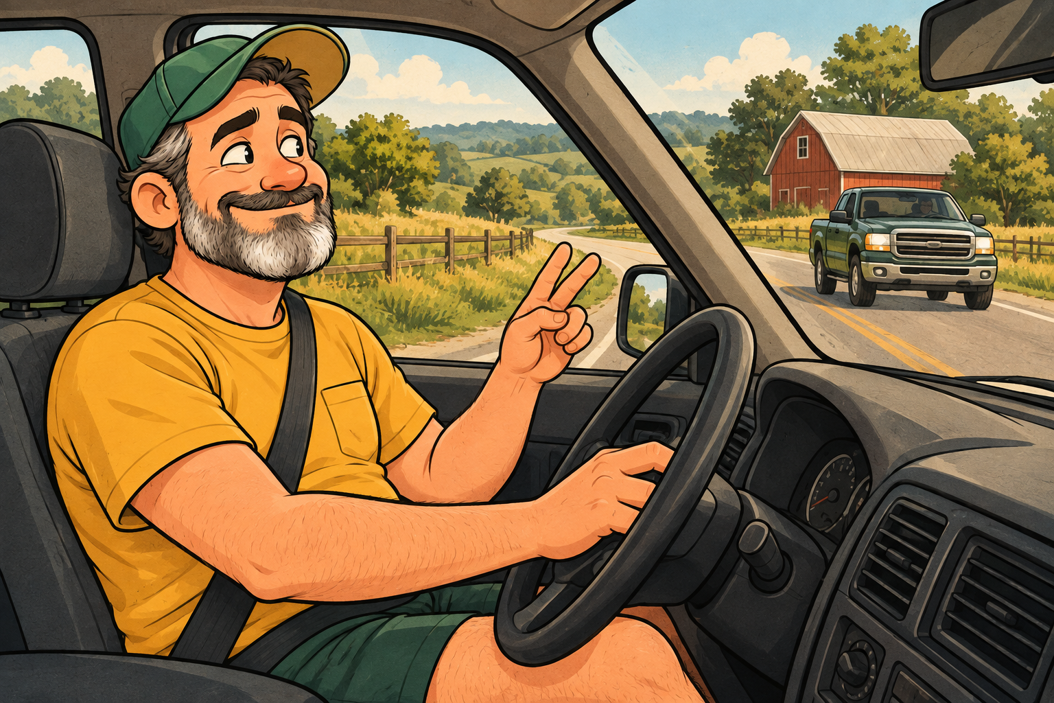 Dad raises two fingers to greet the driver of an approaching pickup on a country road.