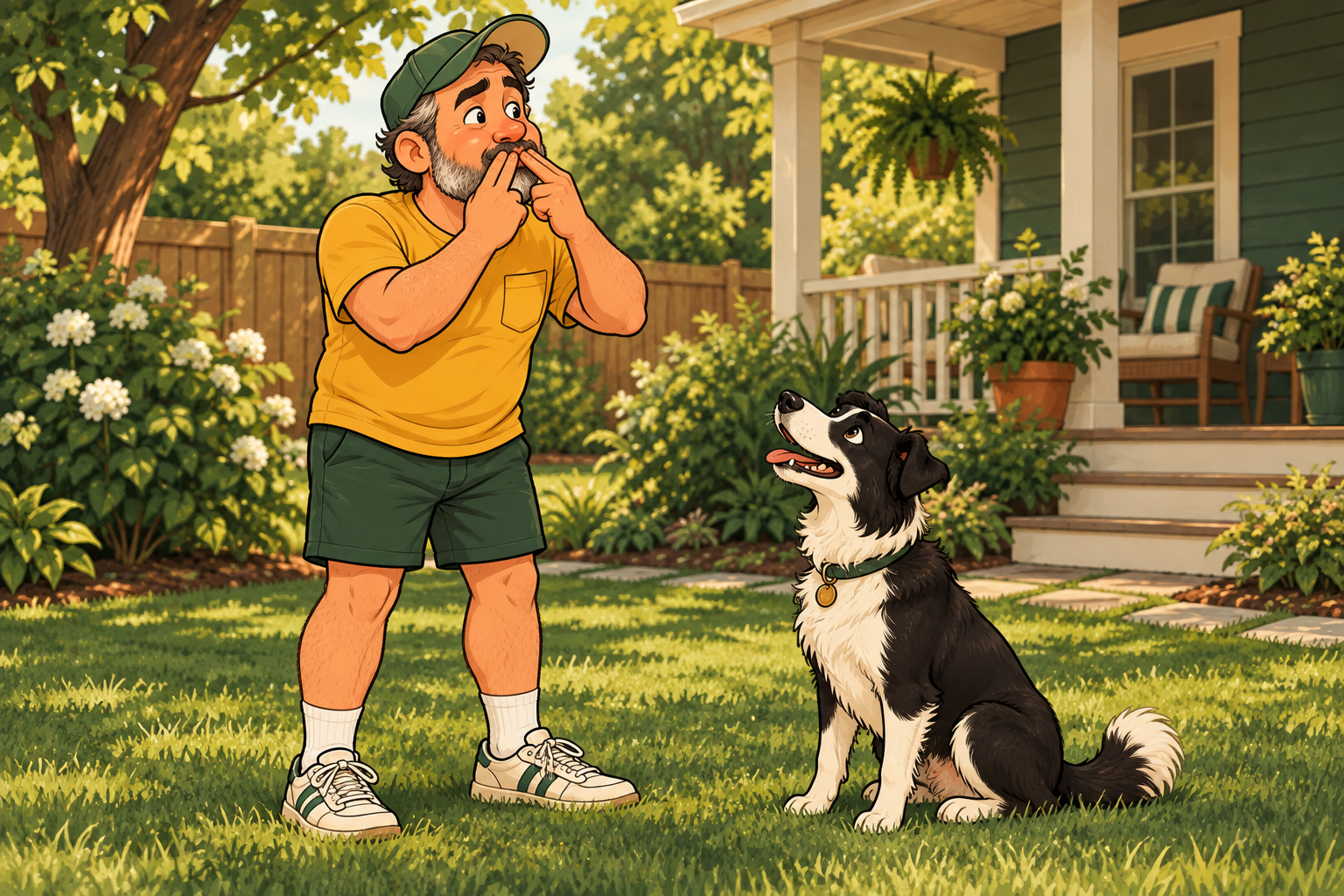Dad attempts a finger whistle in the backyard while a black-and-white dog watches him expectantly.