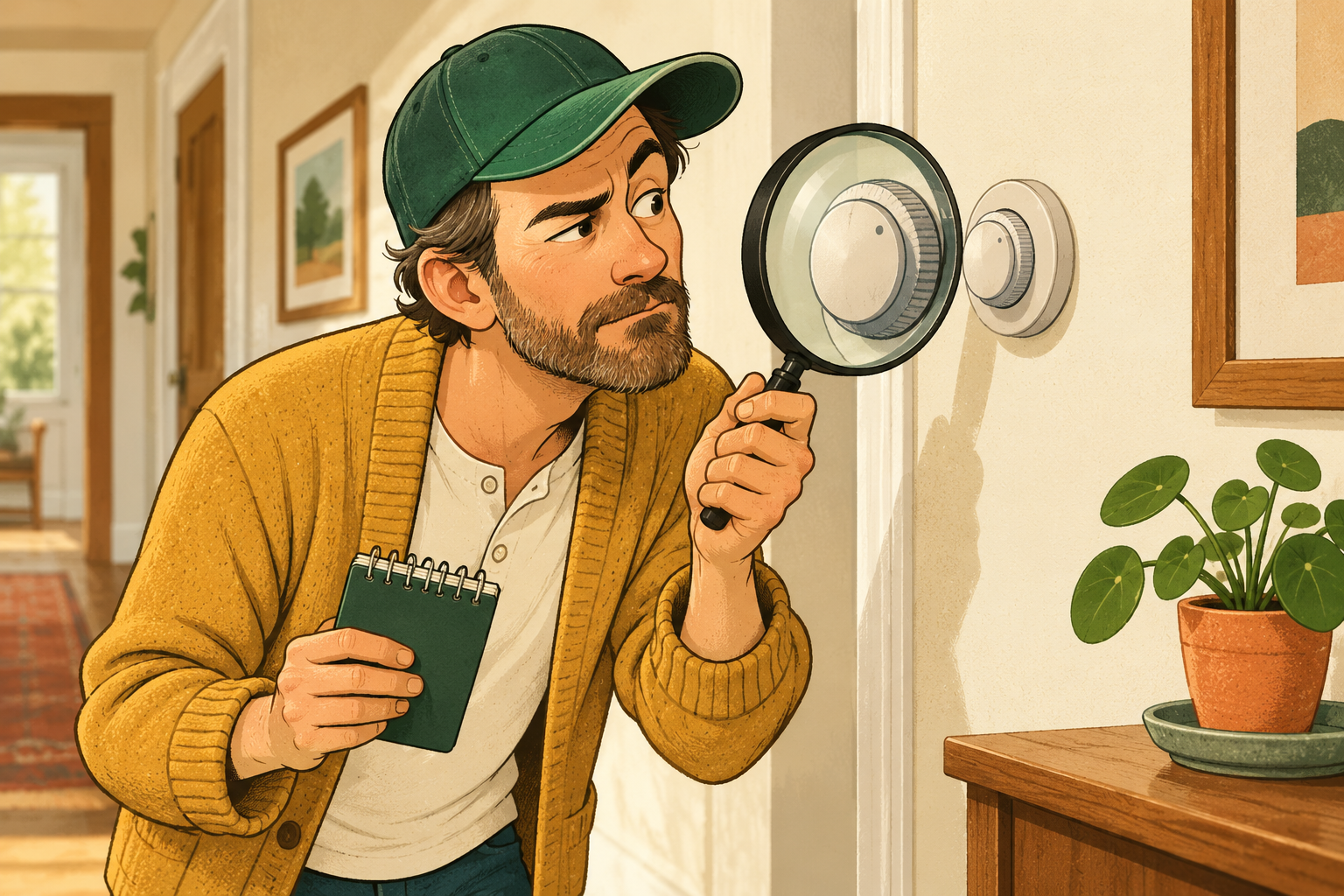 A bearded dad in a green cap and mustard cardigan examines a wall thermostat through a magnifying glass while holding a small notebook.